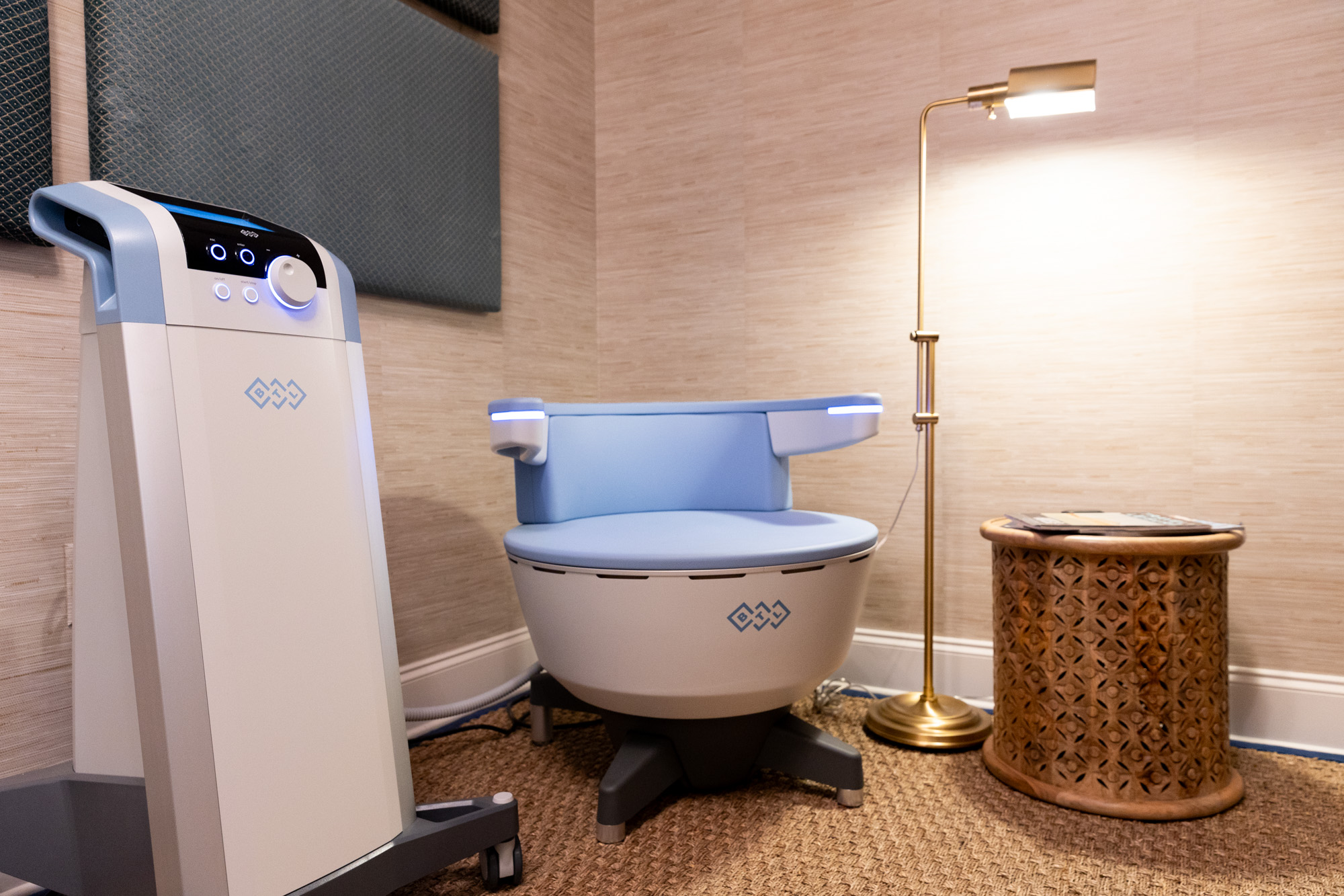 The Emsella chair by BTL, an advanced urinary incontinence treatment in Sumter County, SC. The chair is visible, with the control panel nearby, which is used to administer the treatment. 